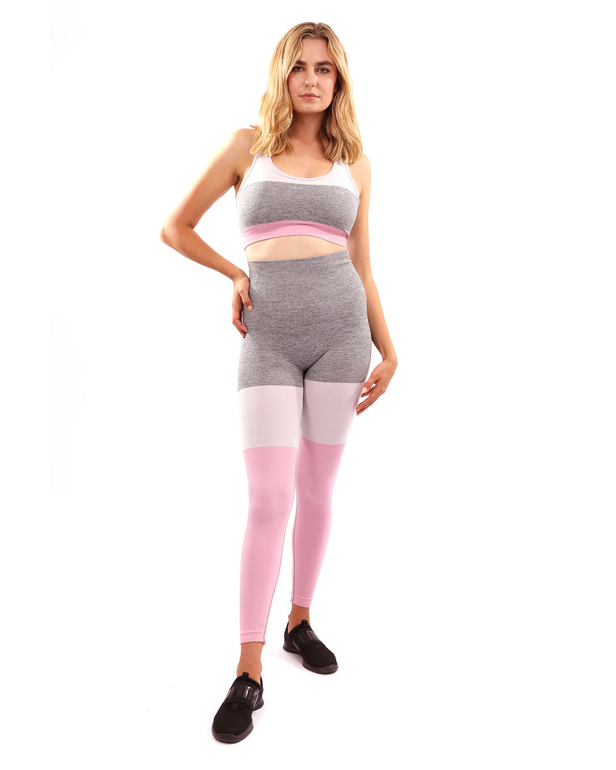 Graca Seamless Leggings & Sports Bra Set - Grey with Pink & White