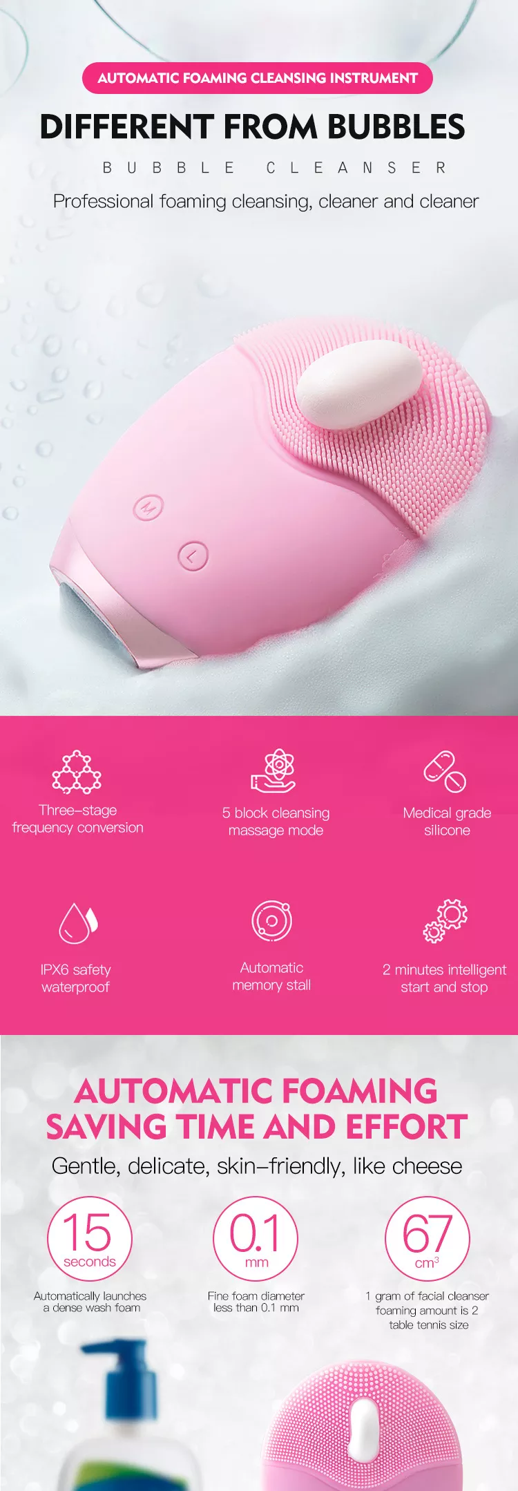 Home Use Automatic Foaming Silicone Facial Cleansing Brush - Purple