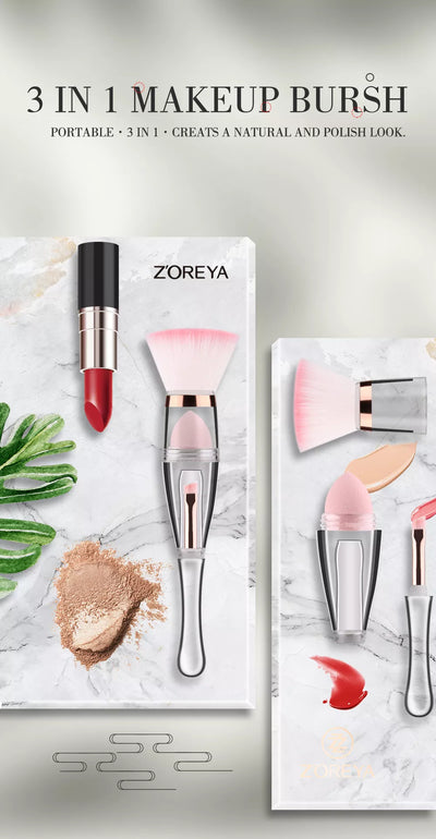 Z'OREYA 3 in 1 Makeup Brush Set Handle Beauty Brushes Multi-functional