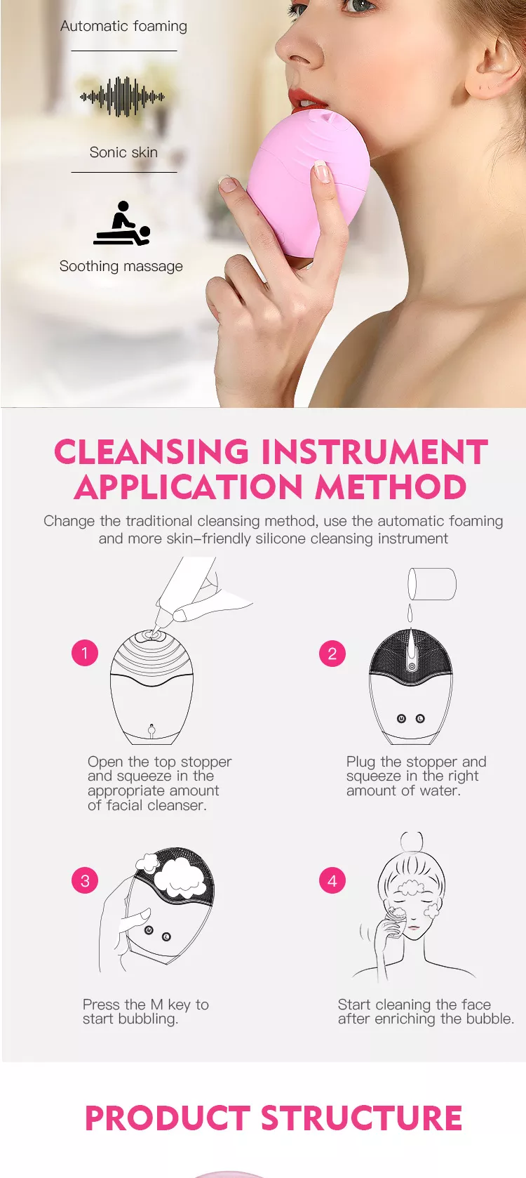 Home Use Automatic Foaming Silicone Facial Cleansing Brush - Purple