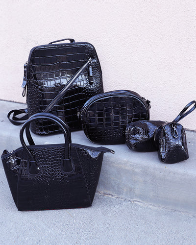 Park West Faux Crocodile Handbag Set - Black (Pack of 6)