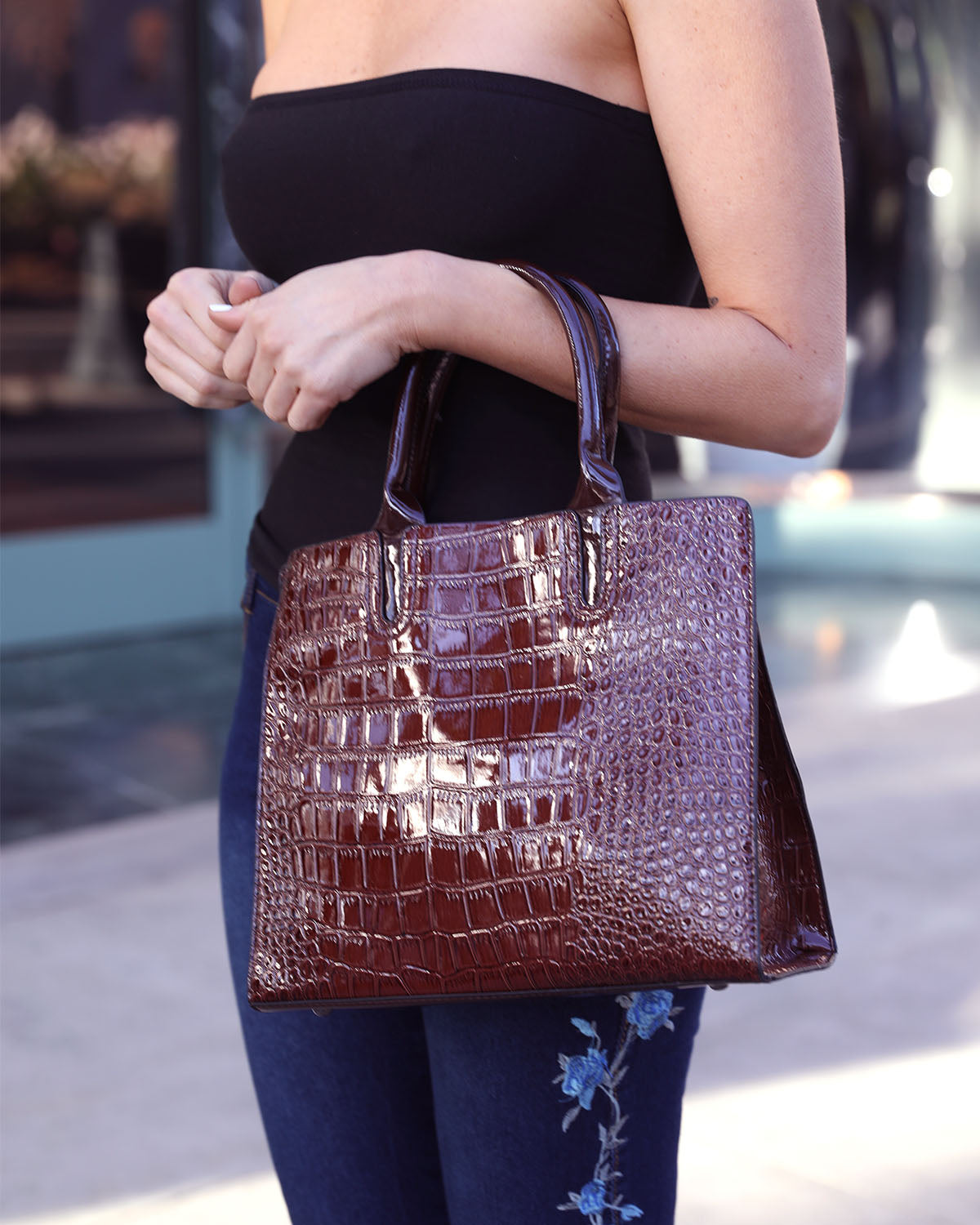 Dark brown crocodile handbag I Emerging designer I COVETI