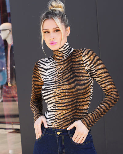 Aniston Long-Sleeve Bodysuit - Tiger Print