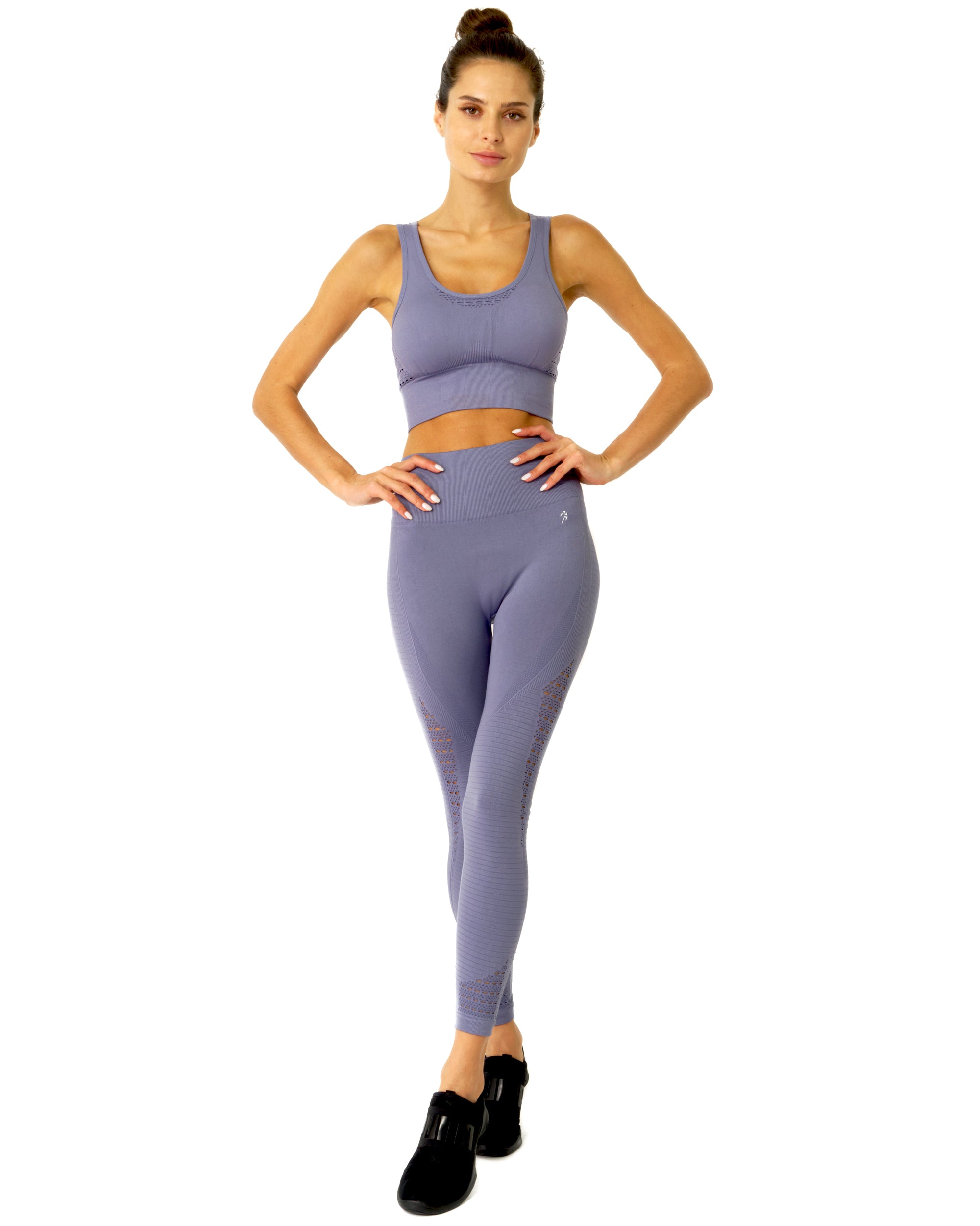 Mesh Seamless Legging with Ribbing Detail - Grey Purple - Savoy Active