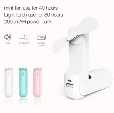 Foldable 3 in 1 Handheld Portable Mini Air Cooling Fan & Power Bank 2000mAh - White