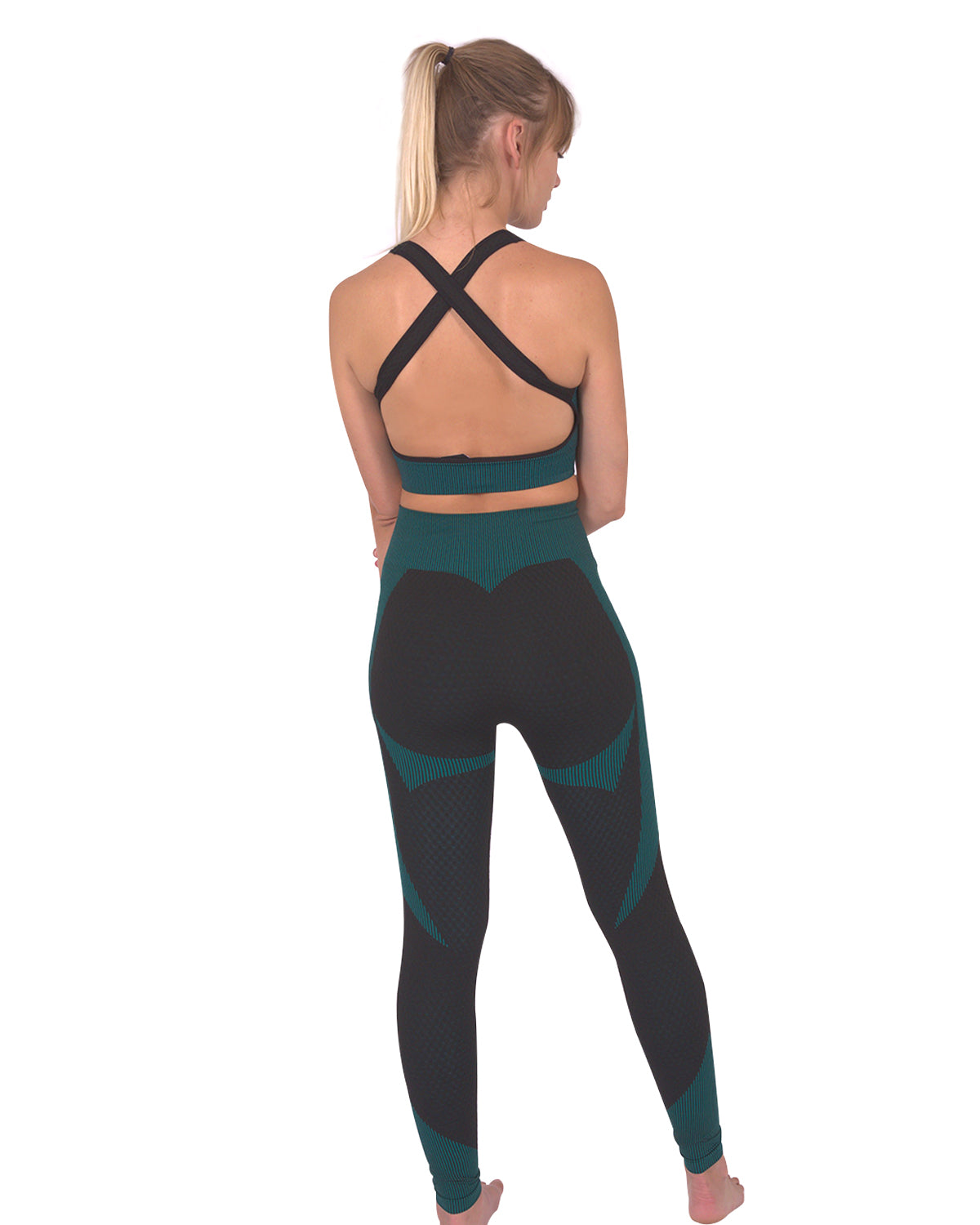 Trois Seamless Leggings & Sports Top 2 Set - Black with Teal Blue