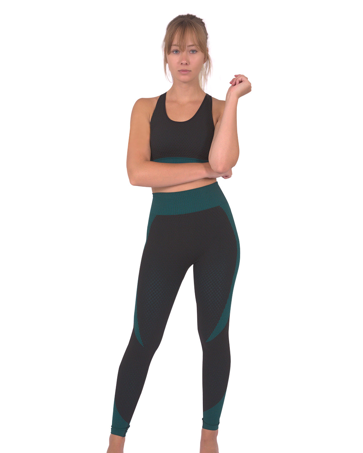 Trois Seamless Leggings & Sports Top 2 Set - Black with Teal Blue
