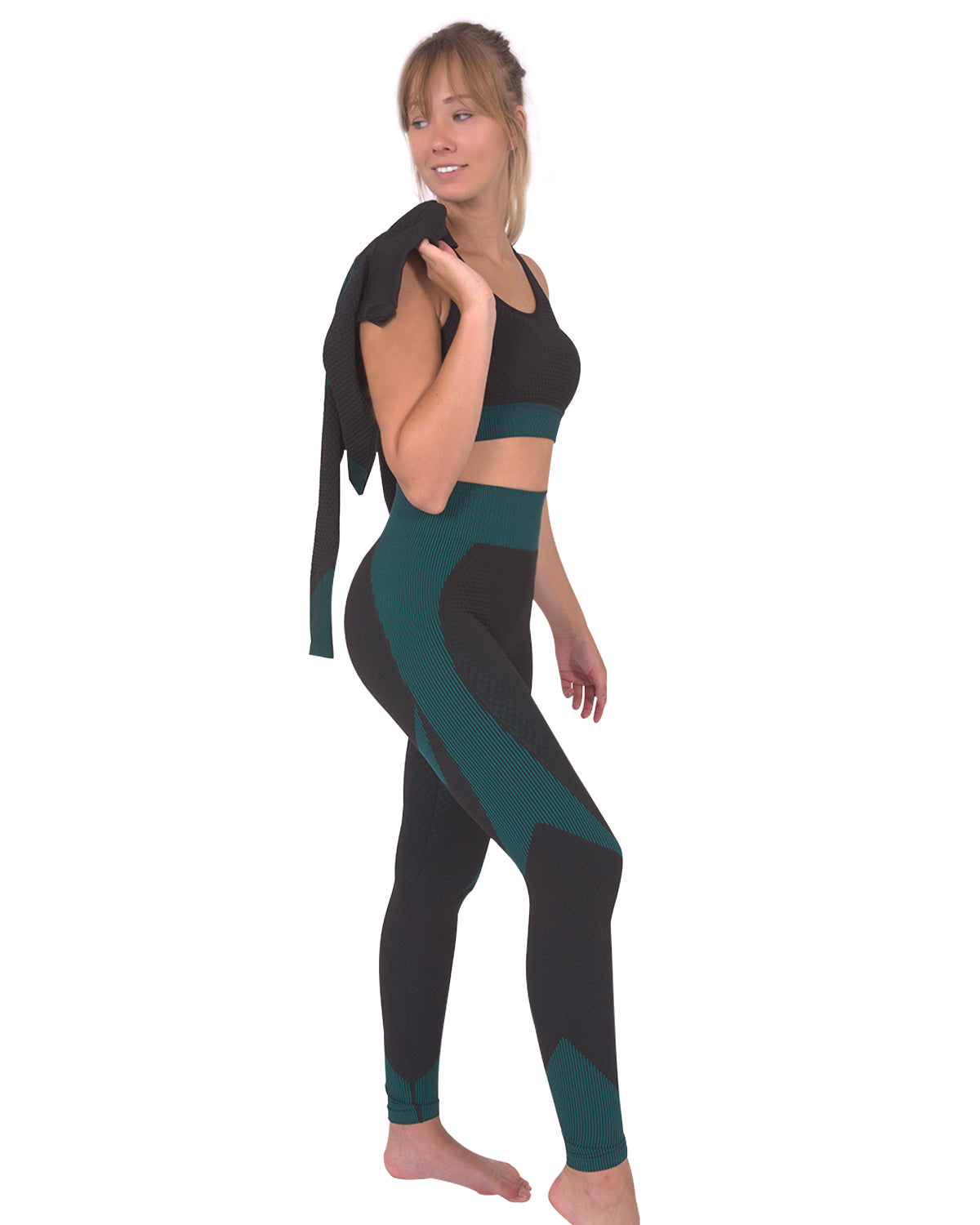 Trois Seamless Jacket, Leggings & Sports Top 3 Set - Black with Teal Blue