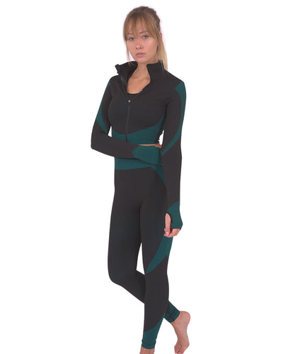 Trois Seamless Jacket, Leggings & Sports Top 3 Set - Black with Teal Blue