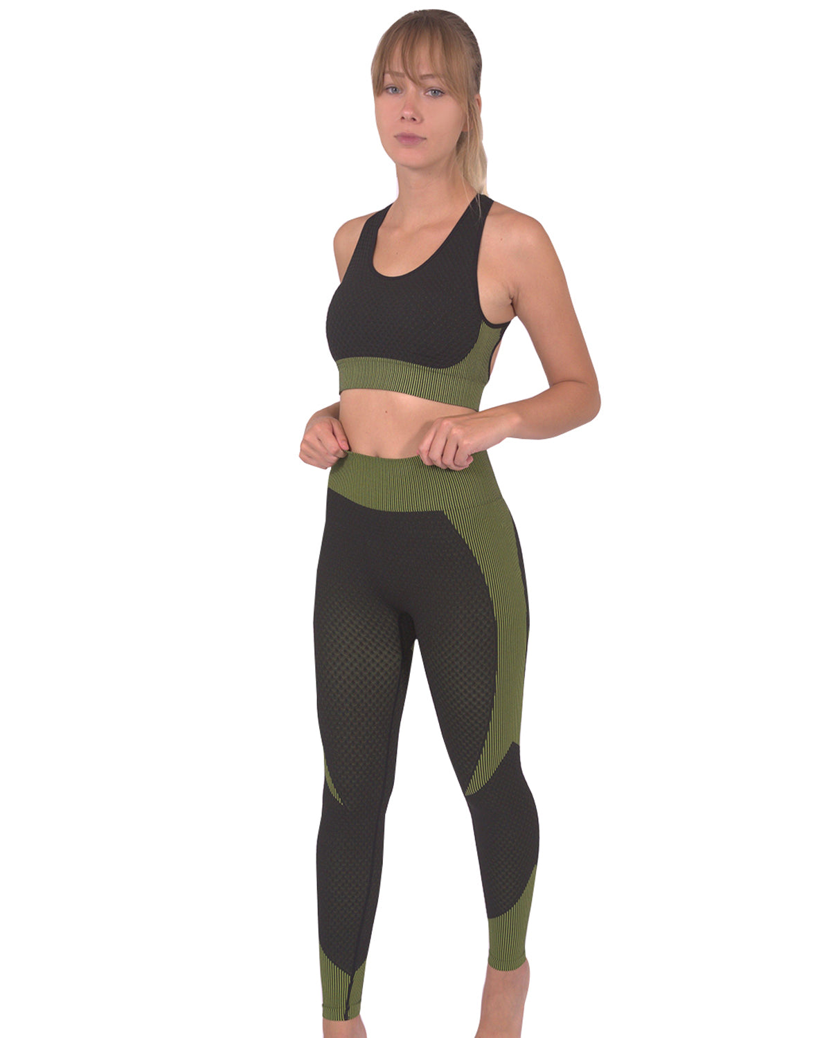 Trois Seamless Leggings & Sports Top 2 Set - Black with Green