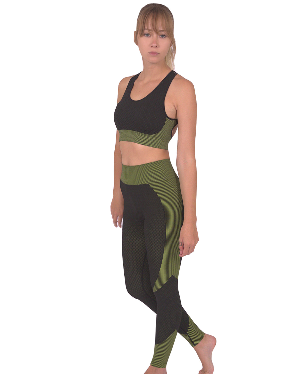 Trois Seamless Leggings & Sports Top 2 Set - Black with Green