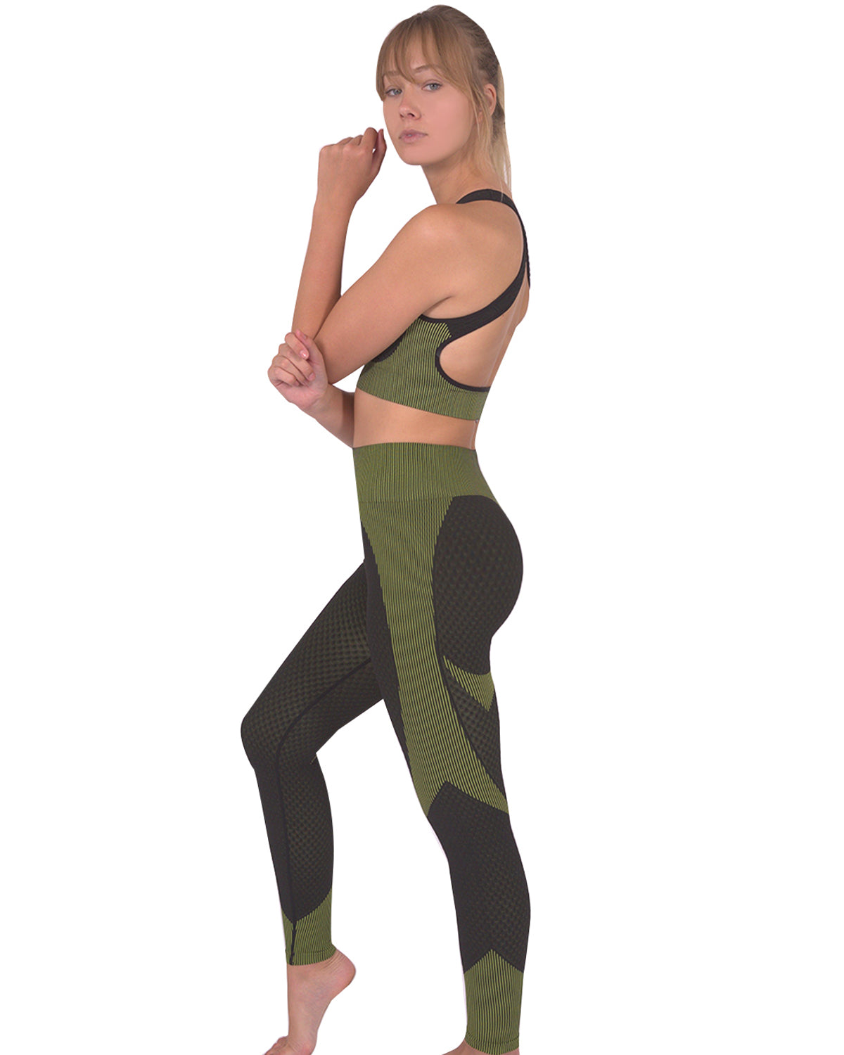 Trois Seamless Leggings & Sports Top 2 Set - Black with Green