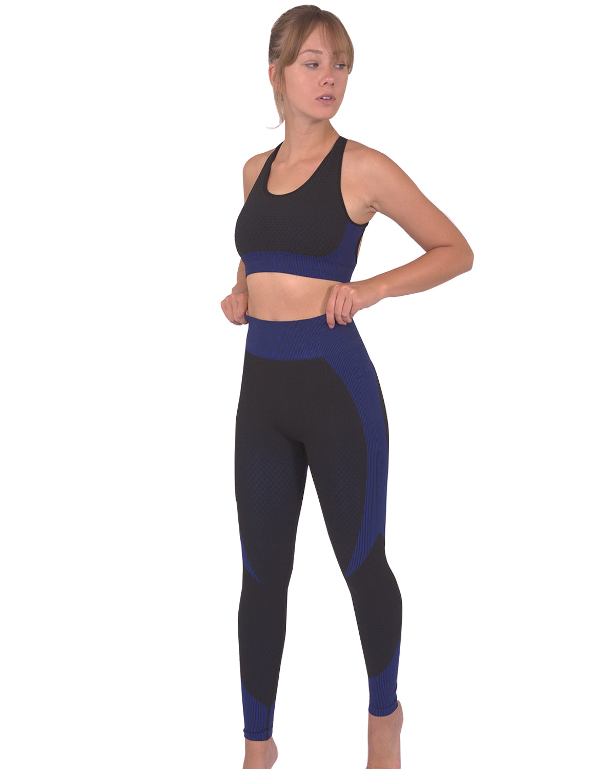 Trois Seamless Leggings & Sports Top 2 Set - Black with Navy