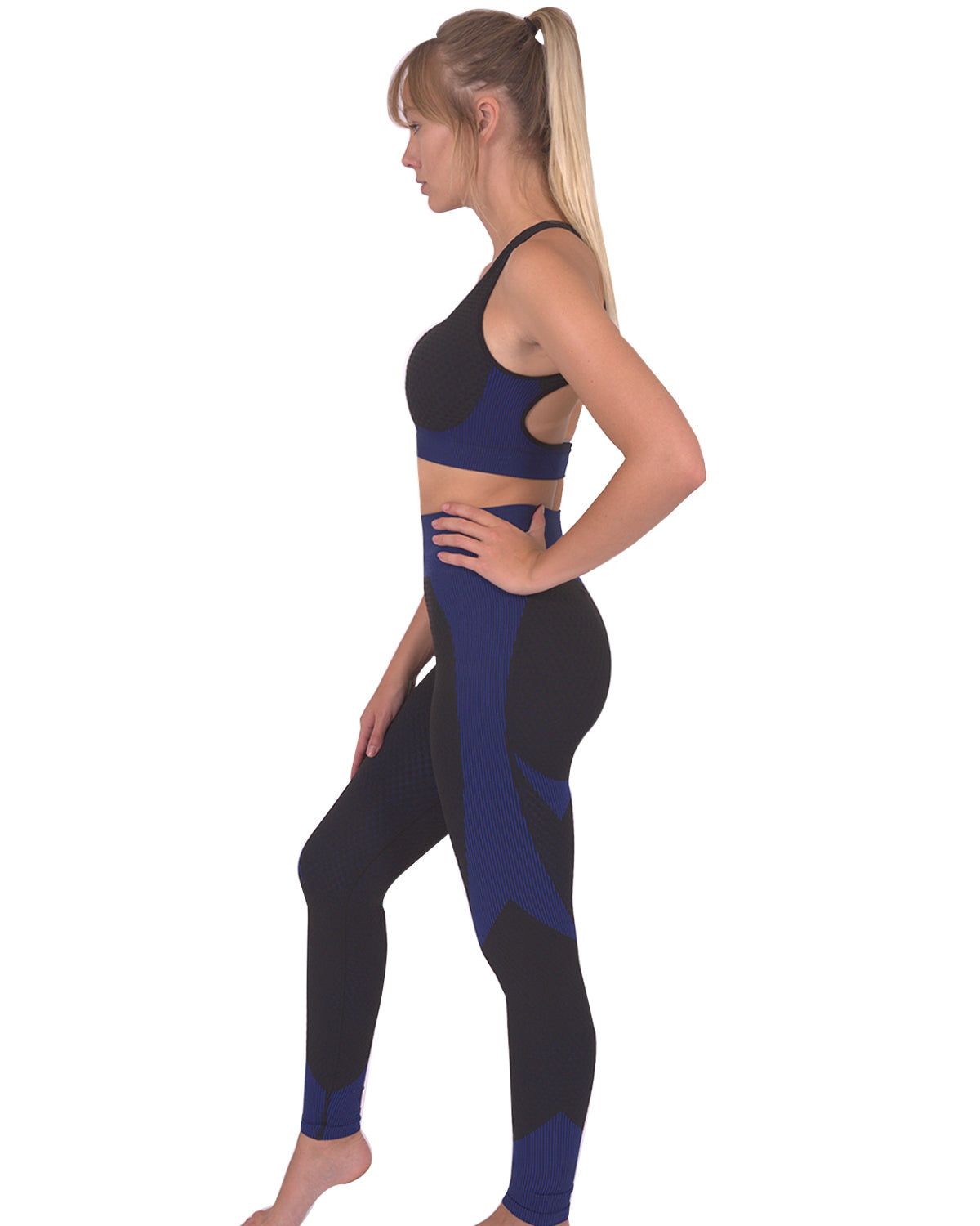 Trois Seamless Leggings & Sports Top 2 Set - Black with Navy