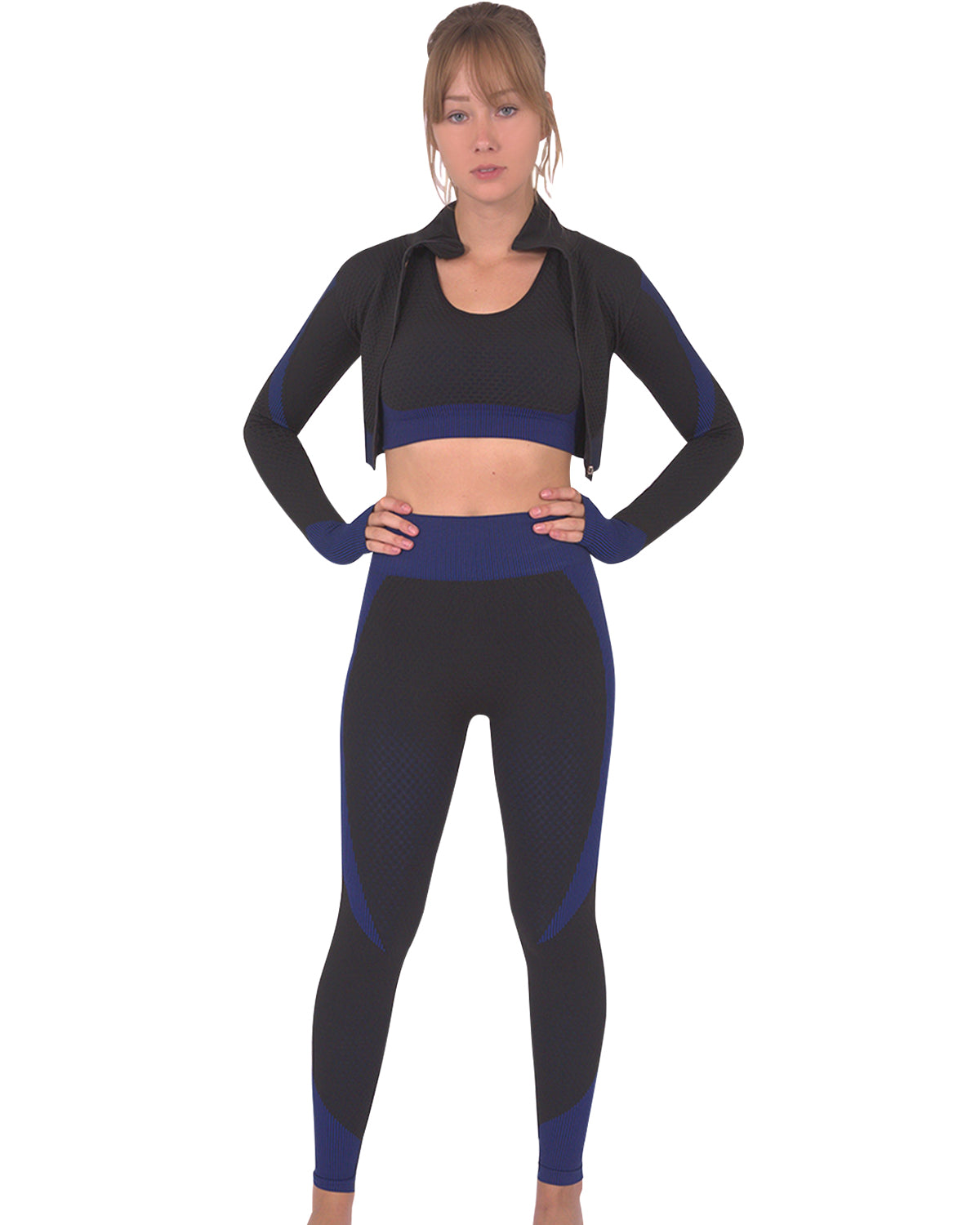 Trois Seamless Jacket, Leggings & Sports Top 3 Set - Black with Navy