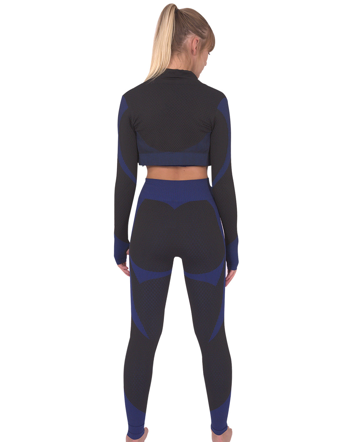 Trois Seamless Jacket, Leggings & Sports Top 3 Set - Black with Navy