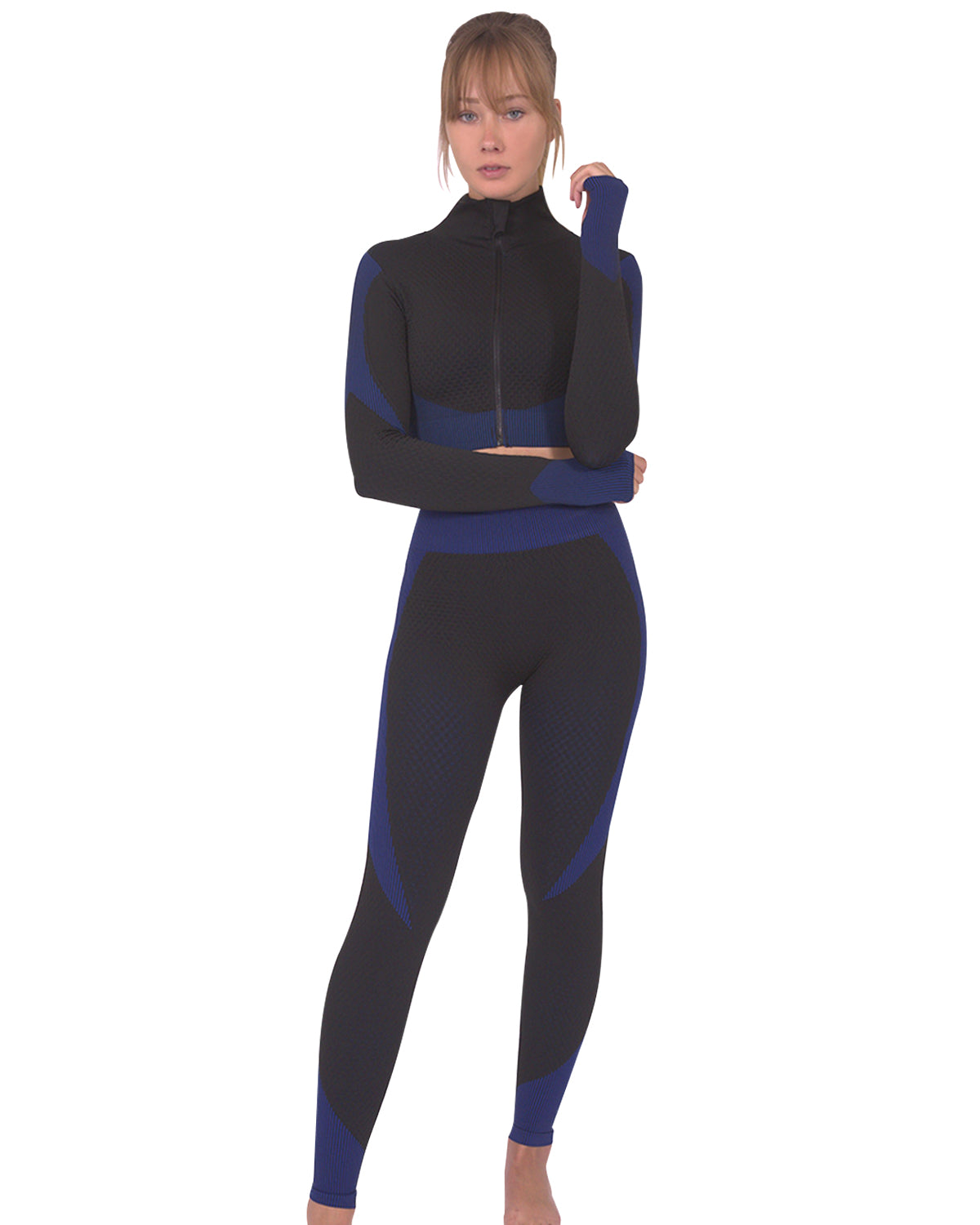 Trois Seamless Jacket, Leggings & Sports Top 3 Set - Black with Navy