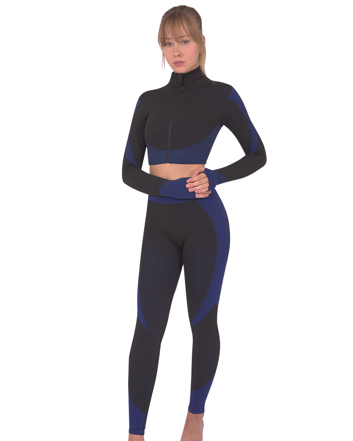 Trois Seamless Jacket, Leggings & Sports Top 3 Set - Black with Navy