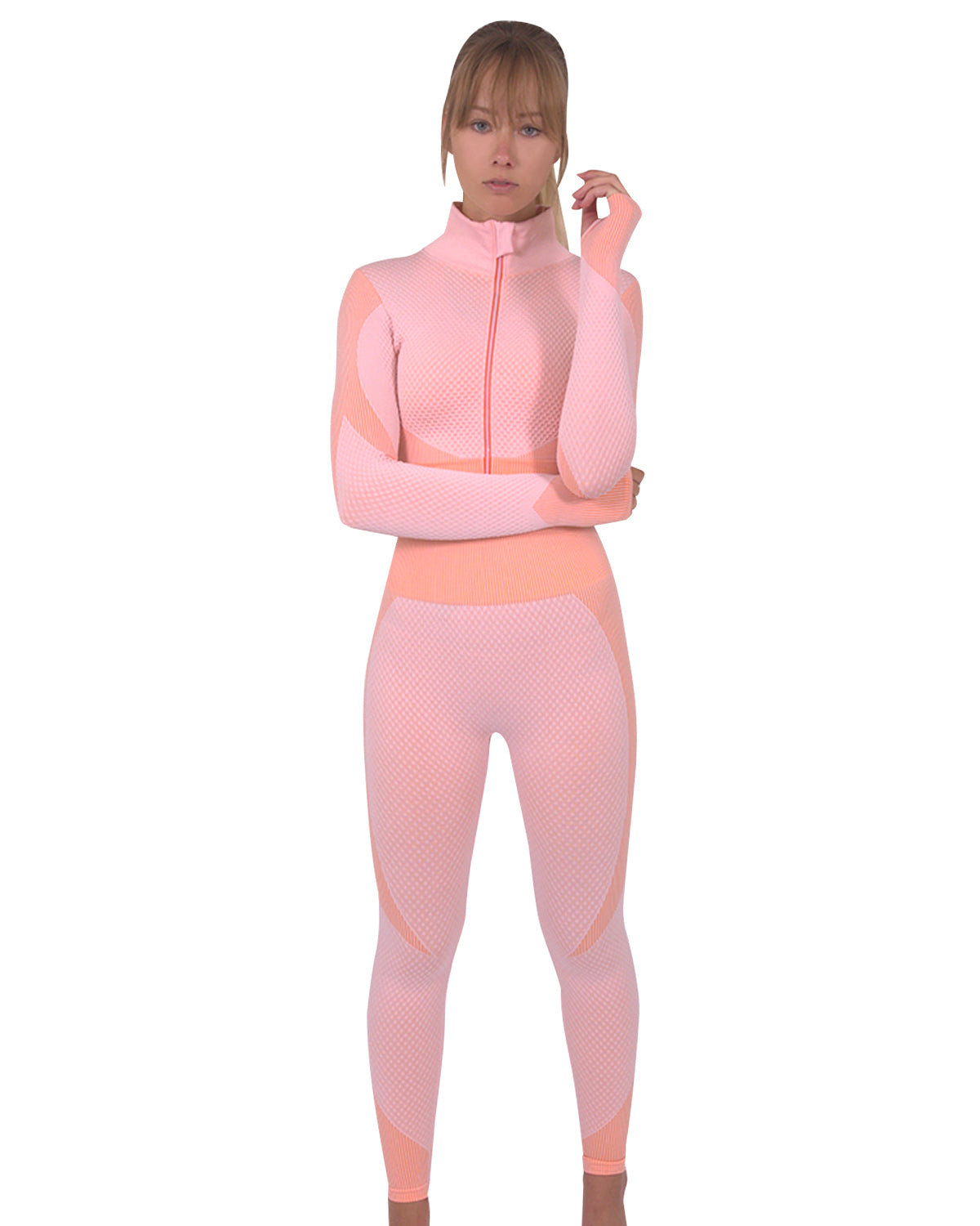 Trois Seamless Jacket, Leggings & Sports Top 3 Set - Pink