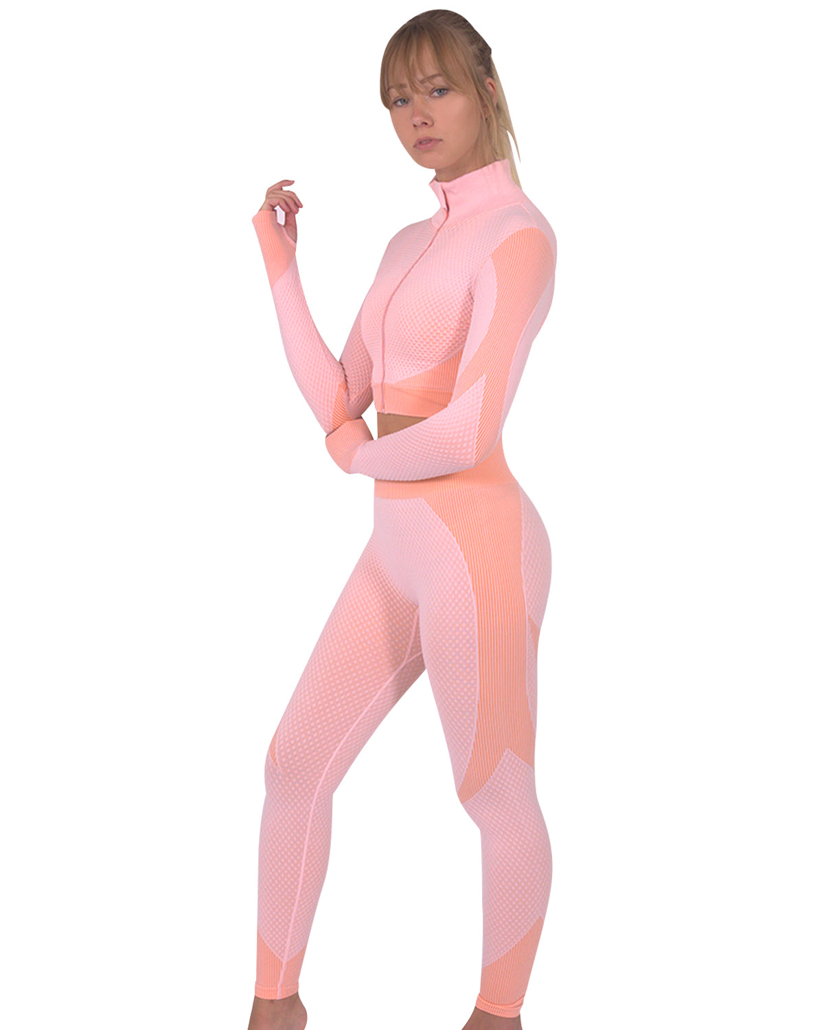 Trois Seamless Jacket, Leggings & Sports Top 3 Set - Pink