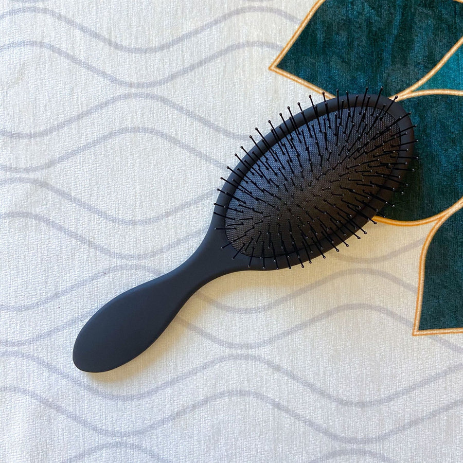 Nylon Bristle Hair Brush Detangler Brush Medium Sized Red Air Cushion Matte Black Handle with 7 Rows of Black Soft Nylon Brush Bristles for Styling and Detangling Hair Made in France