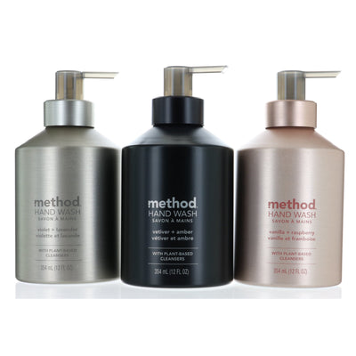 Trio Set, Method Luxury Scent Hand Wash Gel with Plant-Based Cleansers, Reusable Aluminum Bottles w/ Pump 12 FL Each